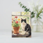 Carte Postale Dire bonjour | Thème chat et fleurs (Debout devant)