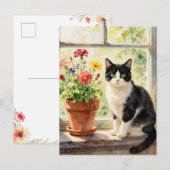 Carte Postale Dire bonjour | Thème chat et fleurs (Devant / Derrière)