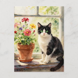Carte Postale Dire bonjour Thème chat et fleurs