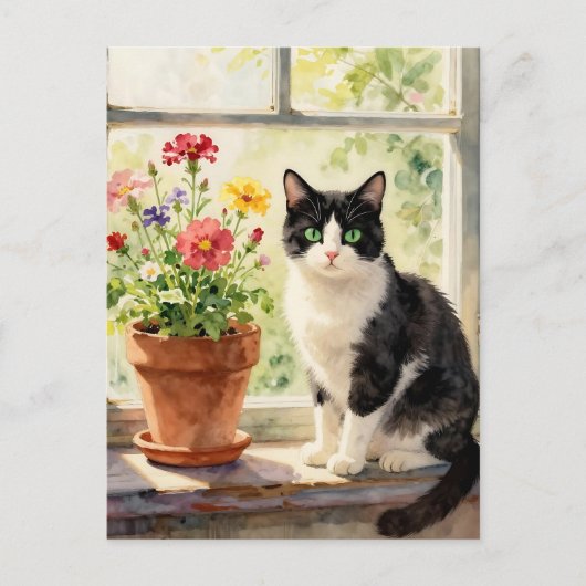 Carte Postale Dire bonjour | Thème chat et fleurs (Devant)