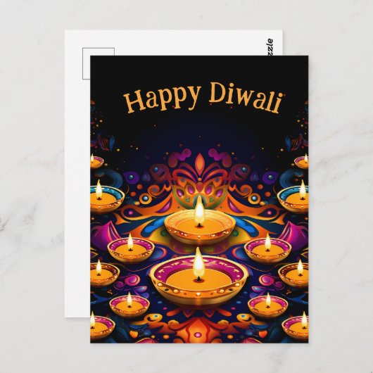 Carte Postale Diwali traditionnel avec Diyas (Devant / Derrière)