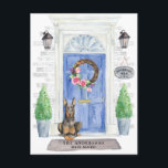 Carte postale Doberman Moving Faire-part<br><div class="desc">Annoncez votre nouvelle adresse avec notre faire-part élégante avec un Doberman,  porte d'entrée bleue,  tapis de bienvenue,  ardoise,  topiaires et une couronne fleurie sur un arrière - plan en brique grise.</div>