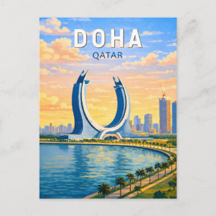 Carte Postale Doha Qatar Illustration Voyage Art Rétro