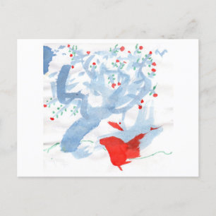 Carte postale d'oiseau rouge et d'arbre à baies ro