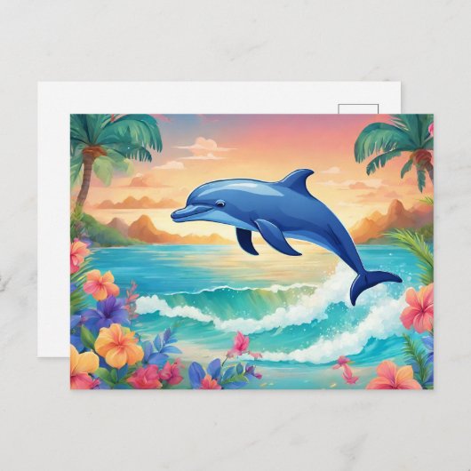 Carte Postale Dolphin et belle île tropicale, Hibiscus (Devant / Derrière)