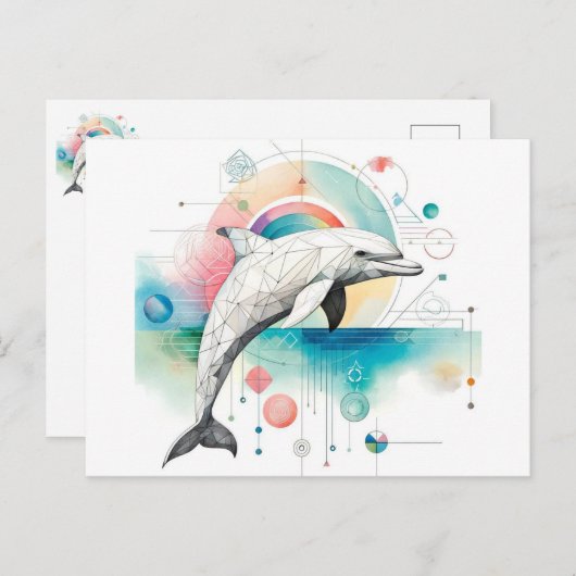 Carte postale Dolphin géométrique avec aquarelle E (Devant / Derrière)