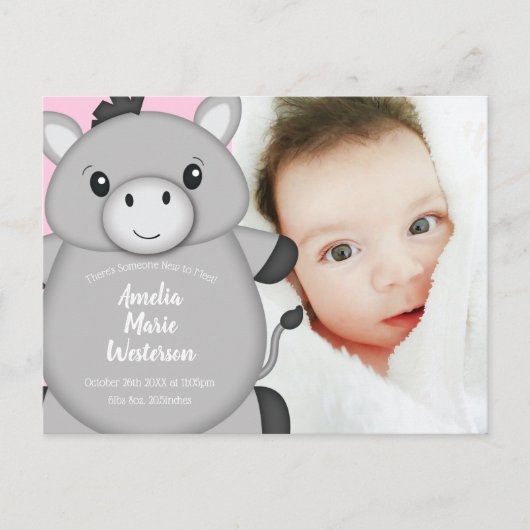 Carte Postale Donkey Baby Faire-part fille rose (Devant)
