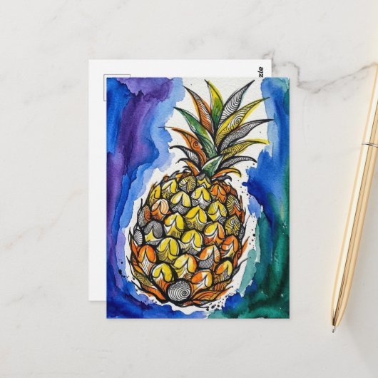 Carte Postale Doodle aquarelle Ananas (Devant/Arrière en situation)