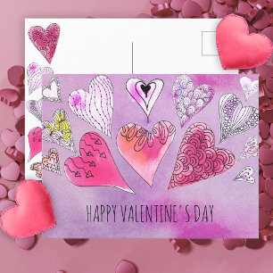 Carte Postale Doodle romantique Aquarelle Coeurs Saint-Valentin