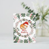 Carte Postale Dormir Chat de Noël Aquarelle Wreath Verdure (Debout devant)