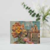 Carte Postale Double Exposition Dame aux fleurs et bâtiments (Debout devant)