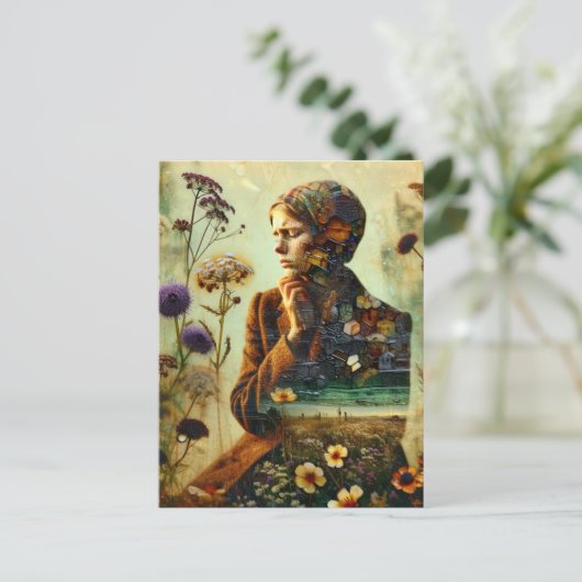 Carte Postale Double Fleurs d'exposition et triste jeune femme (Debout devant)