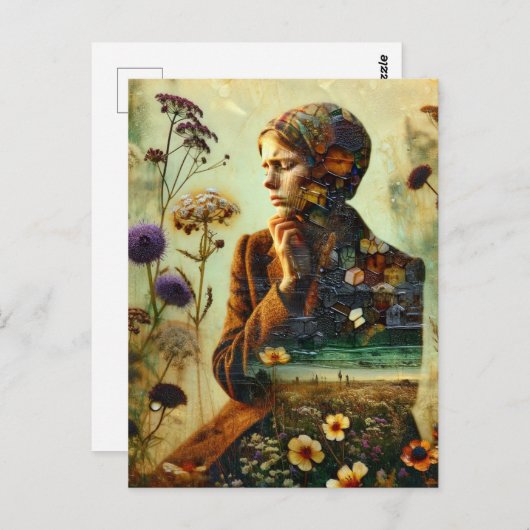 Carte Postale Double Fleurs d'exposition et triste jeune femme (Devant / Derrière)