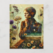 Carte Postale Double Fleurs d'exposition et triste jeune femme (Devant)