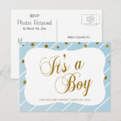 Carte Postale Douce Bébé Bleu et Confettis Dorés - RSVP 2 (Devant / Derrière)