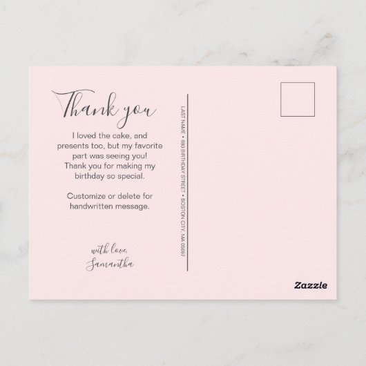 Carte Postale Douce goutte rose saupoudrer Merci d'anniversaire (Dos)