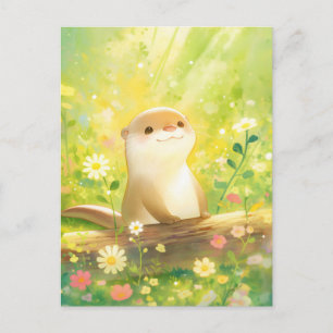 Carte Postale Douce loutre dans une prairie ensoleillée de fleur