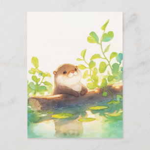 Carte Postale Douce loutre reposant sur une bûche moussue de riv