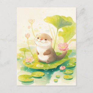 Carte Postale Douce Loutre sur Grand Nénuphar Vert