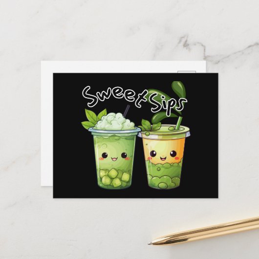 Carte Postale Douces Gorgées Kawaii Duo de Bubble Tea (Devant/Arrière en situation)