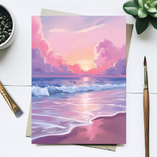 Carte Postale Douces Vagues d'Océan Rose Pastel Coucher de Solei