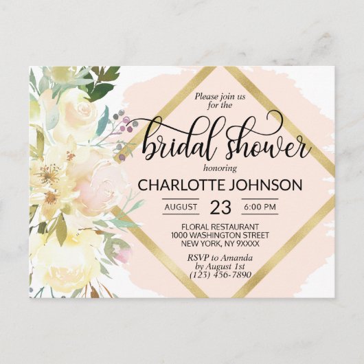 Carte Postale Douche de Mariage Florale Rose à l'Aquarelle Éléga (Devant)