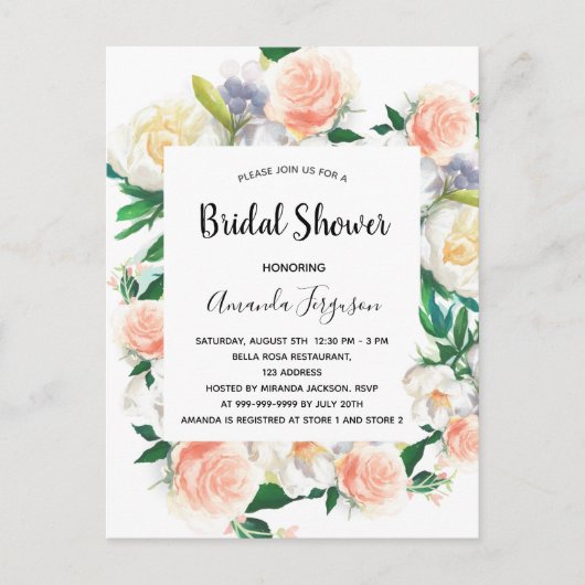 Carte Postale Douche de mariée rose couleur or rose fleurie (Devant)