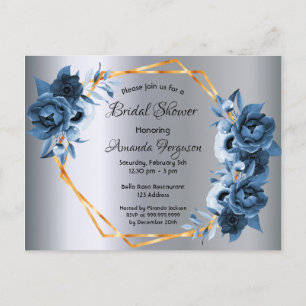 Carte Postale Douche nuptiale bleu marine florales argent invita