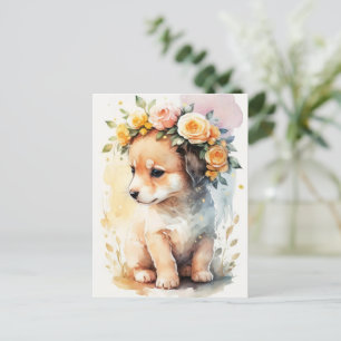 Carte Postale Doux Aquarelle Chiot avec Fleurs