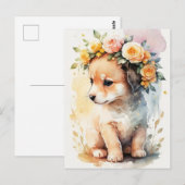Carte Postale Doux Aquarelle Chiot avec Fleurs (Devant / Derrière)