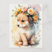 Carte Postale Doux Aquarelle Chiot avec Fleurs (Devant)