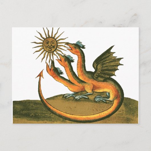 Carte Postale Dragon alchimique à trois têtes et soleil (Devant)