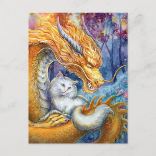 Carte Postale Dragon ardent et chat blanc dans une forêt mystiqu