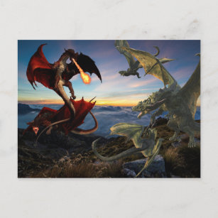Carte Postale Dragon Battle Red Vs Green Fight Imaginaire
