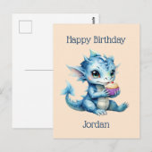 Carte Postale Dragon Bébé Bleu Mange un Cupcake (Devant / Derrière)