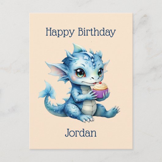 Carte Postale Dragon Bébé Bleu Mange un Cupcake (Devant)