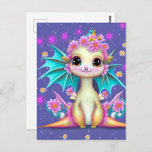 Carte Postale Dragon Bébé mignon aux fleurs roses (Devant / Derrière)