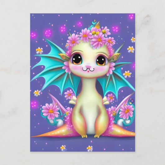 Carte Postale Dragon Bébé mignon aux fleurs roses (Devant)