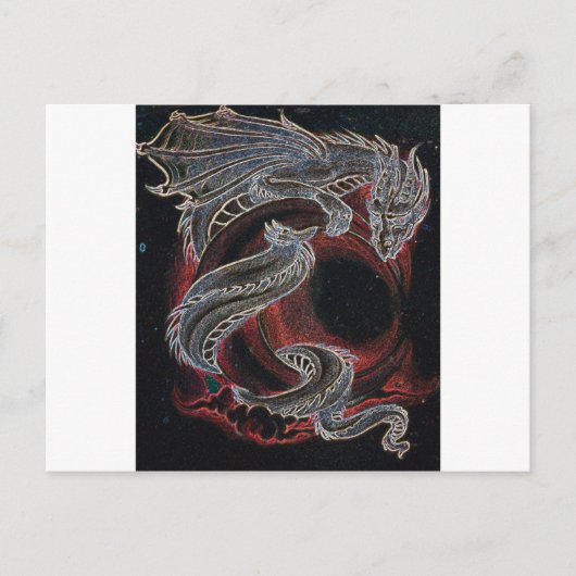 Carte Postale Dragon blanc, Lune rouge sur Noir (Devant)