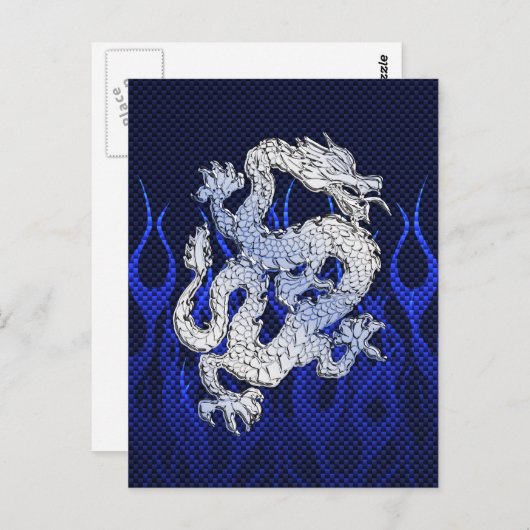 Carte Postale Dragon Bleu dans Chrome Carbon course flammes (Devant / Derrière)