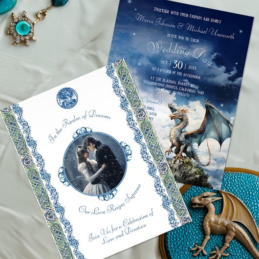Carte Postale Dragon bleu Faire-part de mariage celtique RSVP