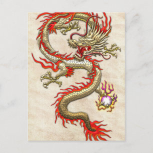 Carte Postale Dragon chinois d'or Fucanglong sur papier de riz