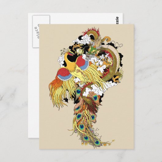 Carte Postale Dragon chinois et phoenix (Devant / Derrière)