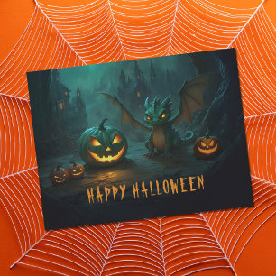 Carte Postale Dragon d'Halloween mignon avec Citrouilles effraya