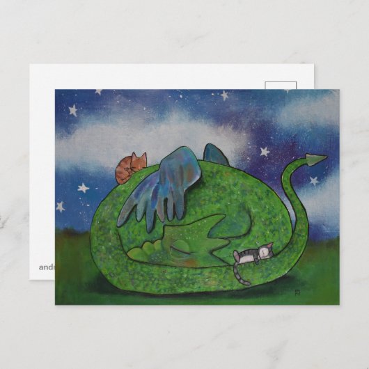 Carte Postale Dragon dormant et chats mignons (Devant / Derrière)