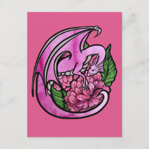 Carte Postale Dragon Floral Fleurs Rose Chaud Geek Fille