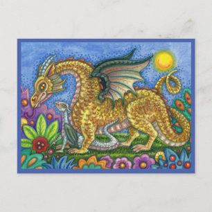 CARTE POSTALE DRAGON MÉDIÉVAL & JEUNE, JARDIN D'ART FOLK COLORÉ