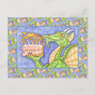 CARTE POSTALE DRAGON QUI RESPIRE DU FEU ALLUMANT DES BOUGIES D'A