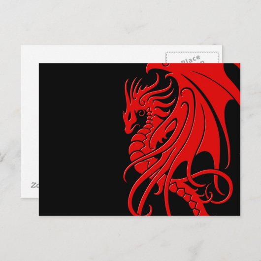 Carte Postale Dragon tribal volant - rouge sur noir (Devant / Derrière)