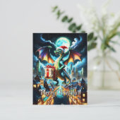 Carte Postale Dragon Vert Délivrant Des Cadeaux De Noël (Debout devant)